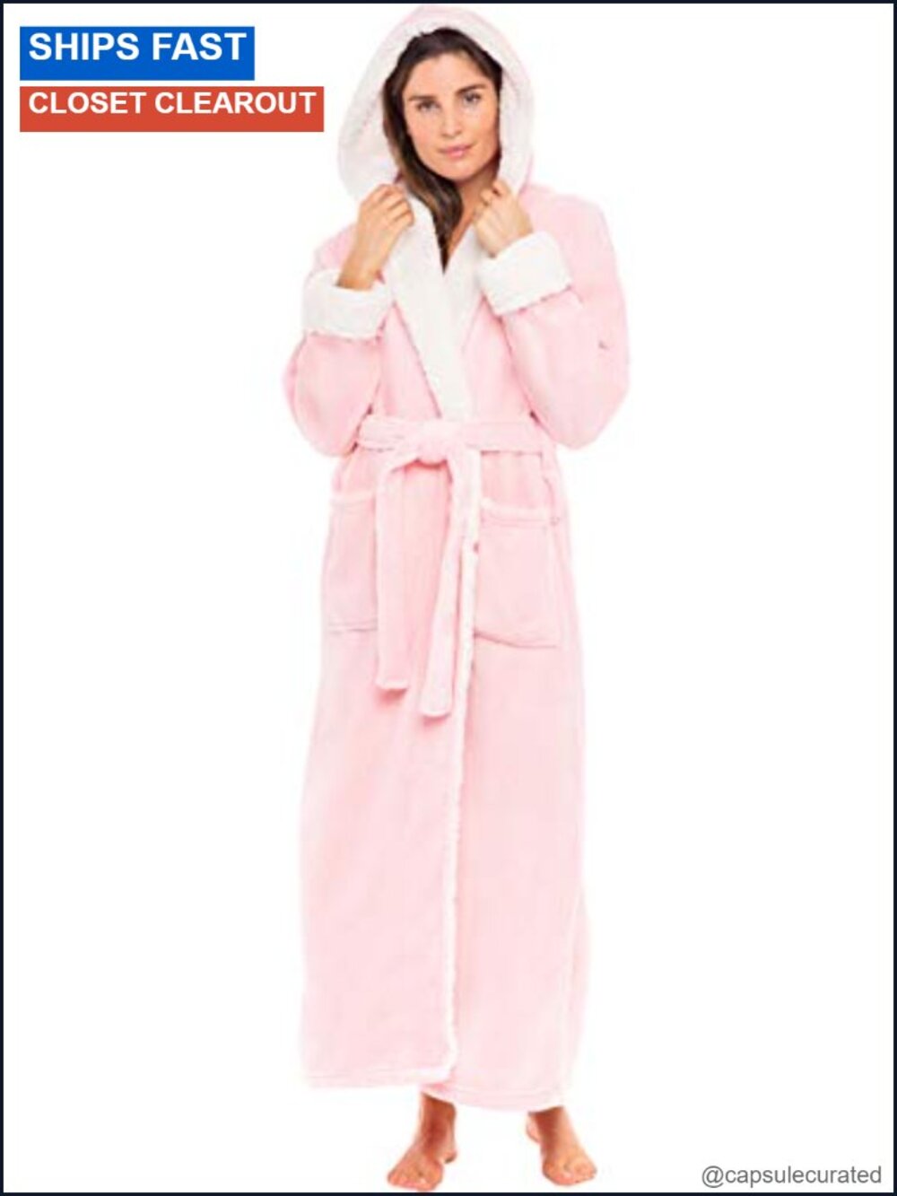 Women's Long Sleeve Sherpa Hooded Robe Full Length Bathrobe